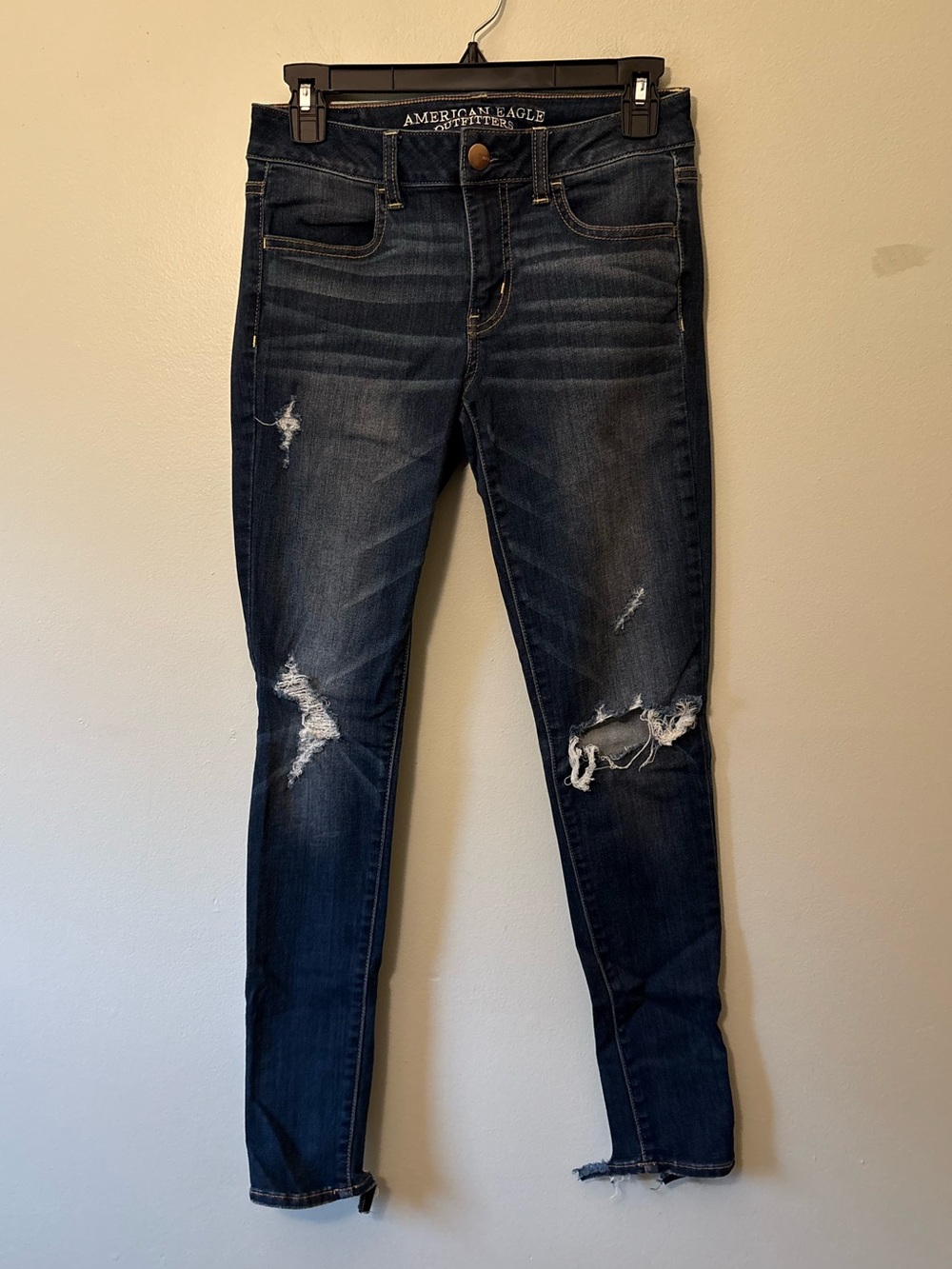 American Eagle Outfitters Dark Blue Distressed Skinny Jeans, Jeggings, Size 4